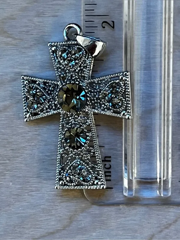 Cross Pendant Silver-tone Filigree With Amber Crystal Stones - Image 4