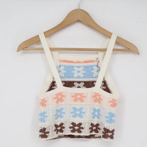Hippie Rose Tank Top Womens XS Crochet Floral Multi Color Boho Cropped Excellent - Image 4