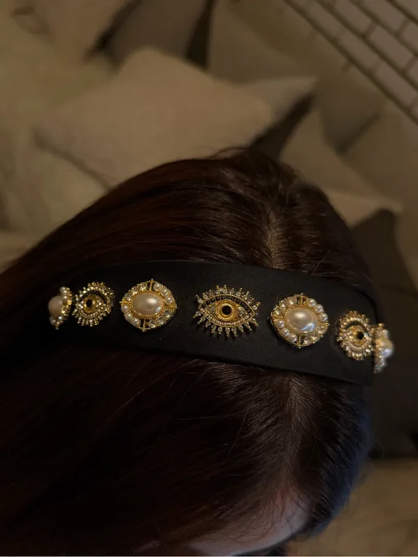 Black Beaded Pearl Embellished Headband - Image 5
