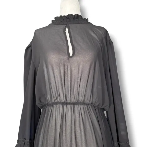 Black Sheer Maxi Dress Ruffle High Neck Tiered Long Sleeve Goth Victorian Witchy - Image 3
