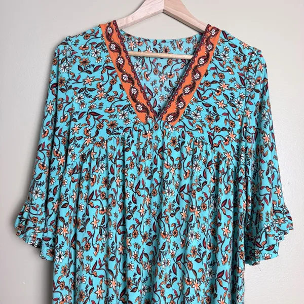 Women's Boho Floral Midi Dress L Turquoise Peasant Hippie Resort Empire Waist - Image 10