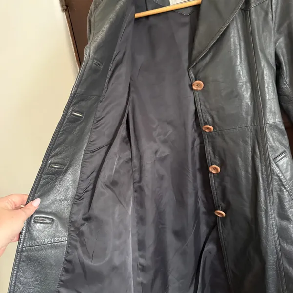 80s Vintage Emotion Dark Gray Leather Trench Coat with Belt | Small Retro - Image 9