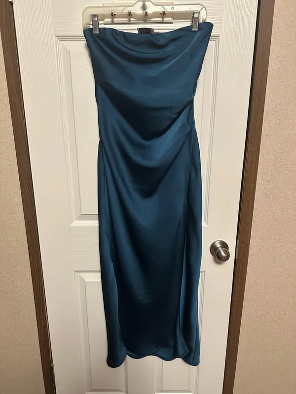 Hello Molly Teal Strapless Satin Midi Dress - Image 2
