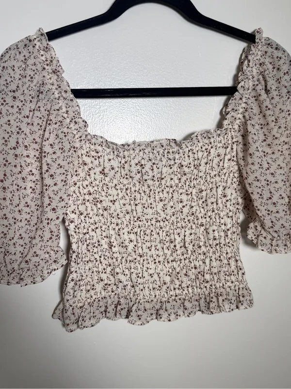 Cotton Candy Cream Crop Top with Brown Floral Print Medium Festival - Image 6