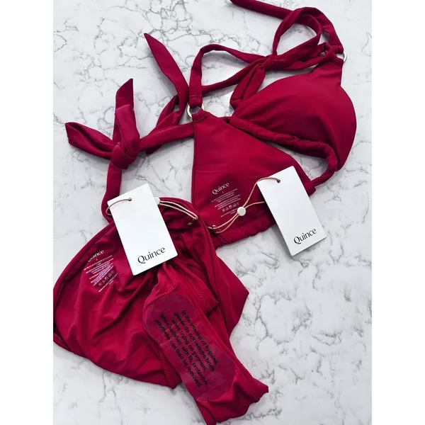 NWT Quince Cherry Red Italian Full Coverage Triangle Bikini Top High Leg Bottom - Image 3