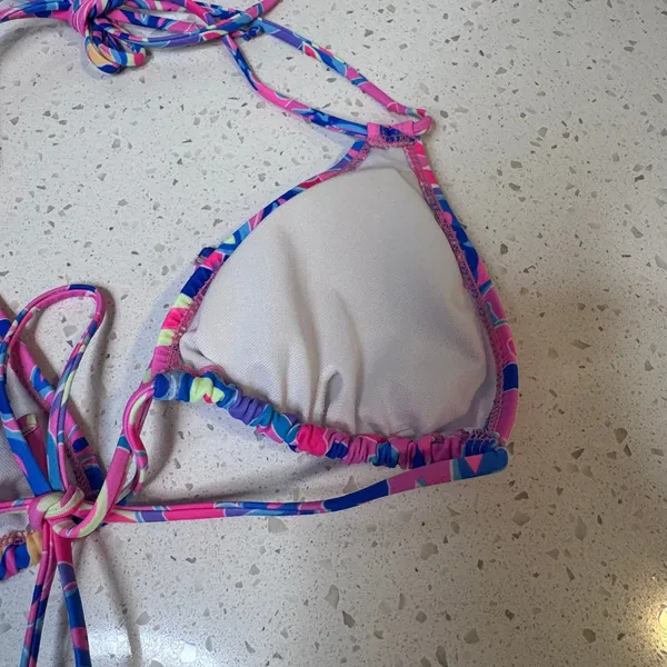 Pink‎ Blue Floral Triangle Bikini Top Halter Swimwear Women Small - Image 5