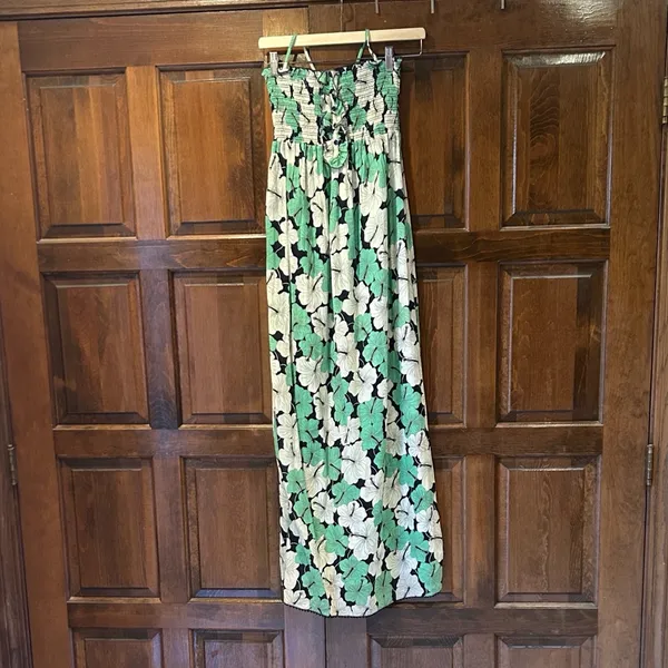 Vintage Juicy Couture Maxi Dress P Petite Y2K Green White Tropical Floral Cotton - Image 4