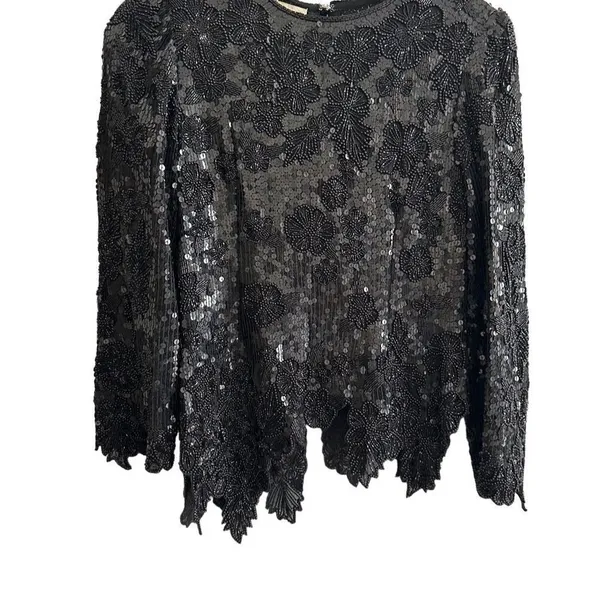 Vintage Judith Ann Creations black sequined Silk 80s Sequin jacket sz S Black - Image 3