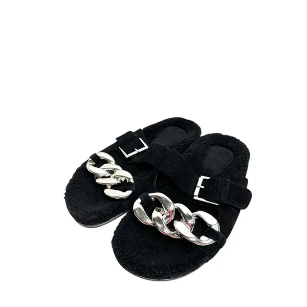 Marc Fisher LTD Fresno‎ Black Leather Faux Fur Chain Slide Sandals Size 6 - Image 6
