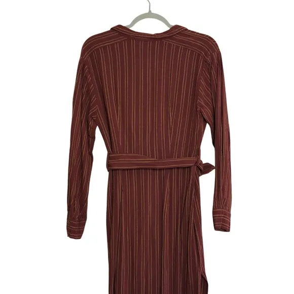 Free People Burgundy Pinstripe Belted Midi Shirt Dress Maroon‎ Academia Boho - Image 8