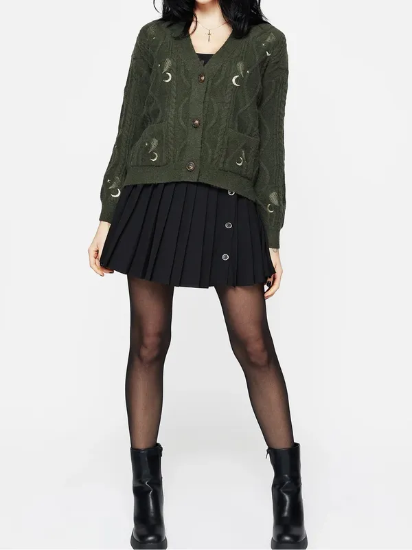Disturbia Dianne Embroidered Cable Knit Cardigan Moon Star Fern Olive Green Knit - Image 9