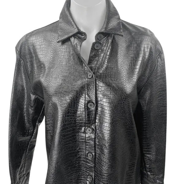 Zara Women's Black Faux Leather Vegan Croc Long Sleeve Button Up Jacket Size S - Image 3