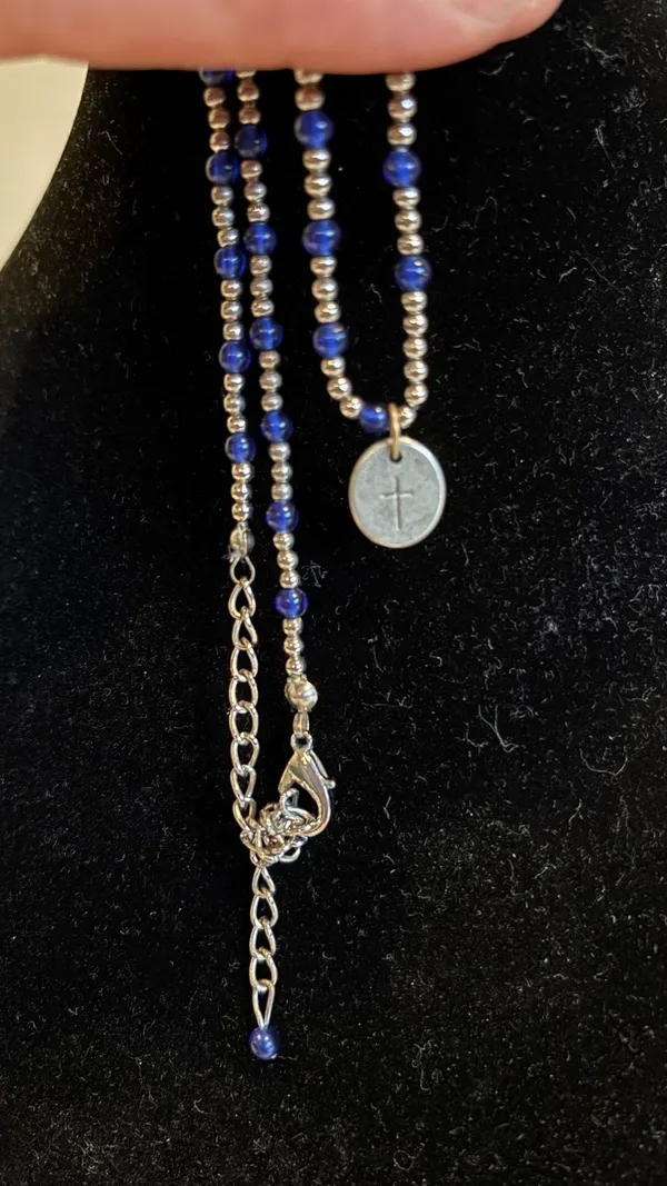 Forgiven Cross Charm Necklace with Blue Beaded Chain - Image 7