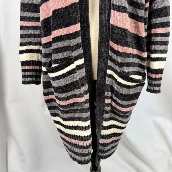 Olive + Oak Chenille Longline Cardigan Womens Medium Striped Grey Pink Cream - Image 3