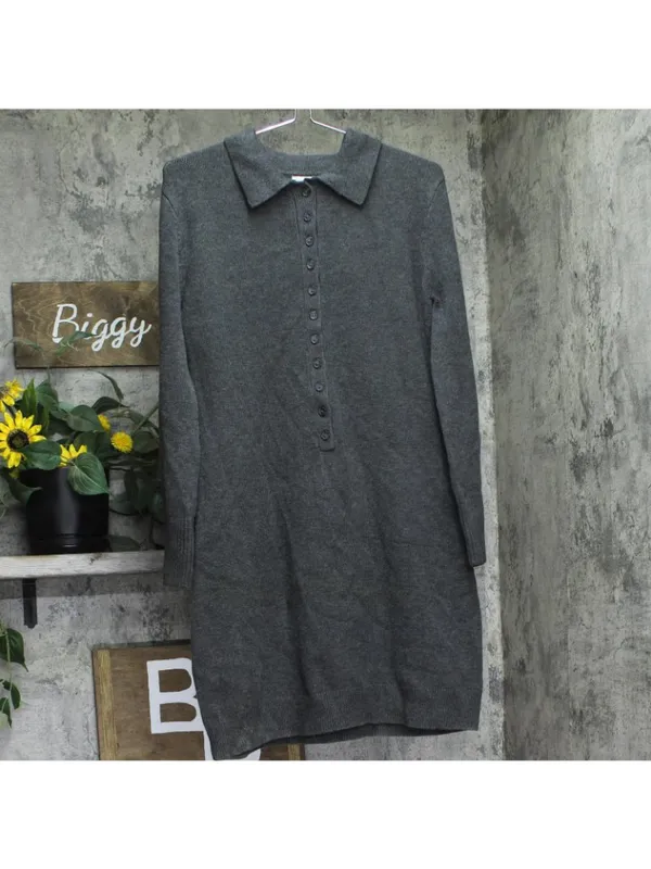 NWT A New Day Knit Polo Collar Ribbed Cuff Sweater Dress Dark Heather Gray M - Image 2