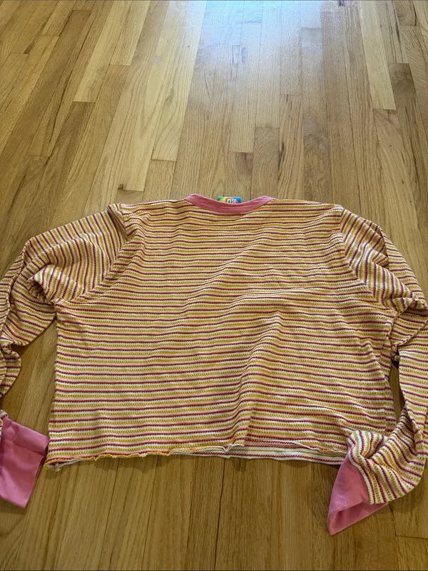 Big Bud Press Cropped Pink Yellow Striped Long Sleeve Thermal Sz XL - Image 8