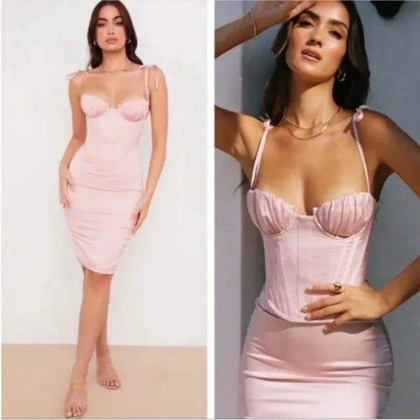 HOUSE OF CB 'Alma' Blush‎ Pink Satin Corset Midi Dress NWOT size XS - Image 2