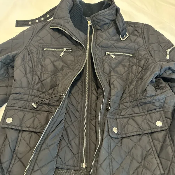 Michael Kors Petite Large Black Quilted Moto Jacket. Double Zip. Cinched Waist - Image 9