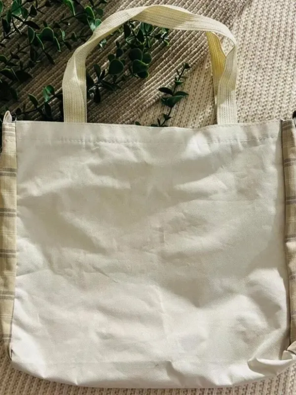 Cottagecore Cream Plaid Multi Piece Tote Set Canvas Buckle Bag - Image 3
