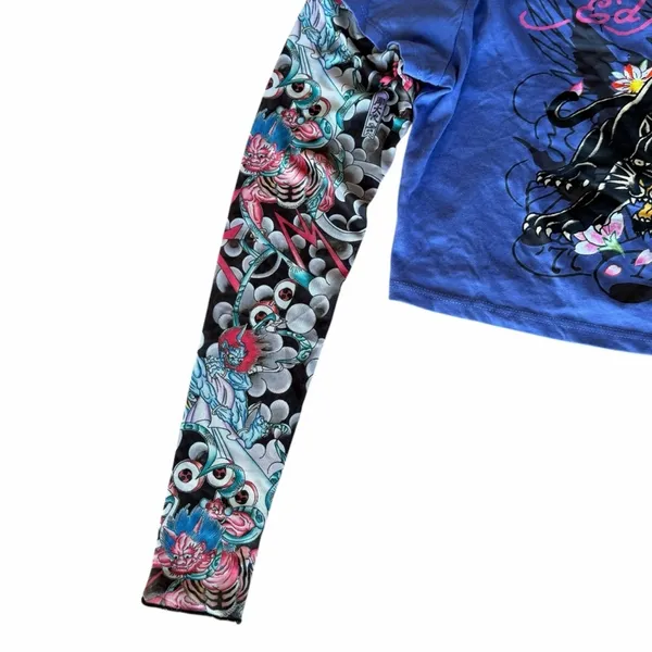 Ed Hardy Vibrant Blue Panther Graphic Crop Top With Mesh Tattoo Sleeves Large - Image 3