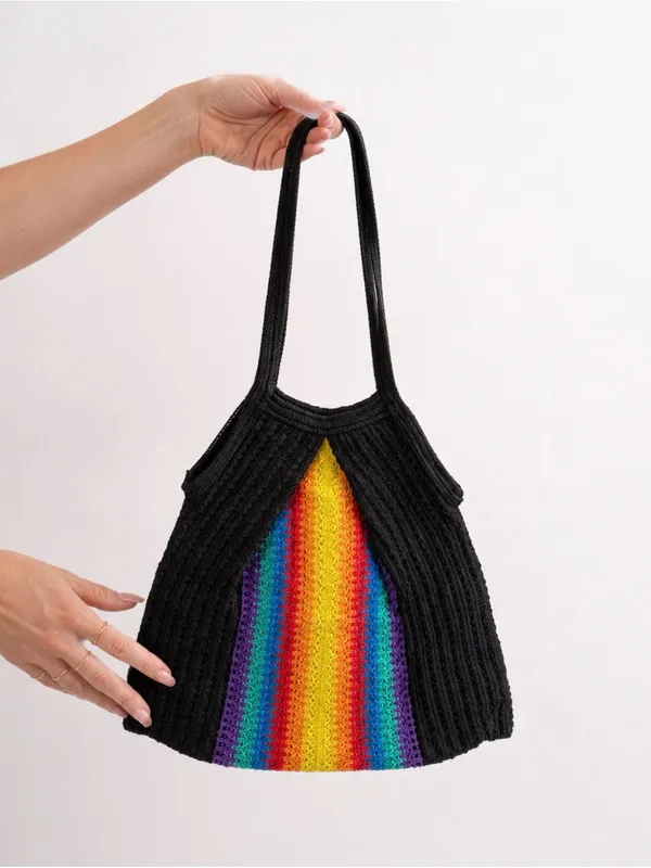 Vintage Rainbow Colorful Woven Shoulder Bag Black Bohemian Pride Hobo Tote - Image 3