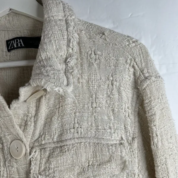 Zara Size S Shacket Jacket Cream Boucle Tweed Cropped Oversized Long Sleeve - Image 6
