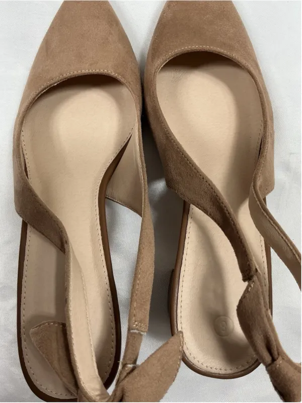 Womans New Slingback Pumps 8 Cowhide Tan Pointed Toe Block Heel Bow Accent - Image 5