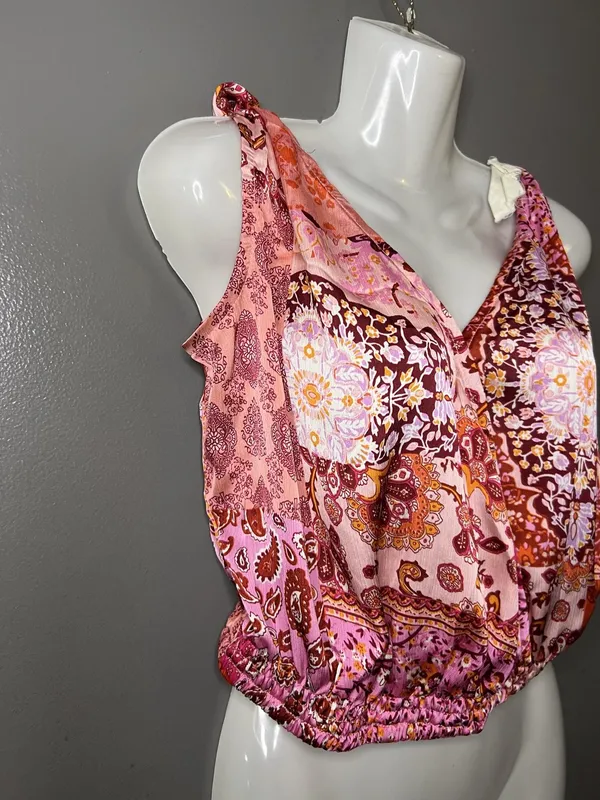 Easel Tank Top Womens Medium Multicolor Paisley Boho V Neck Cami Elastic Hem - Image 2