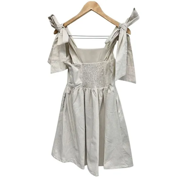 Miou Muse Linen Blend Tie Shoulder Mini Dress Oatmeal Beige Small Boho NWT - Image 3