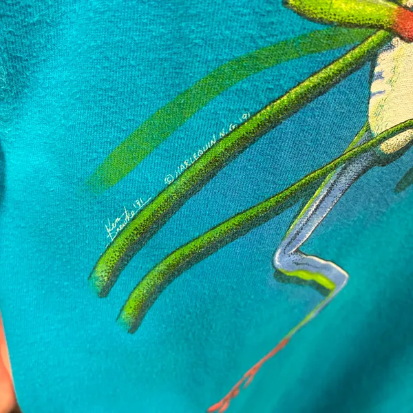 Vintage 1991 Teal Blue Wraparound Graphic Nature Frog Art tee Large L Single - Image 3