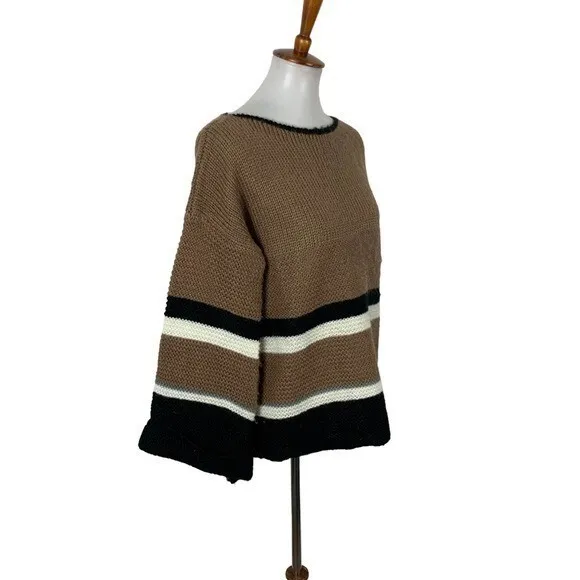 Lumiere Large Boho Chunky Knit‎ Striped Bell Sleeve Sweater Oversized Cozy Top - Image 3