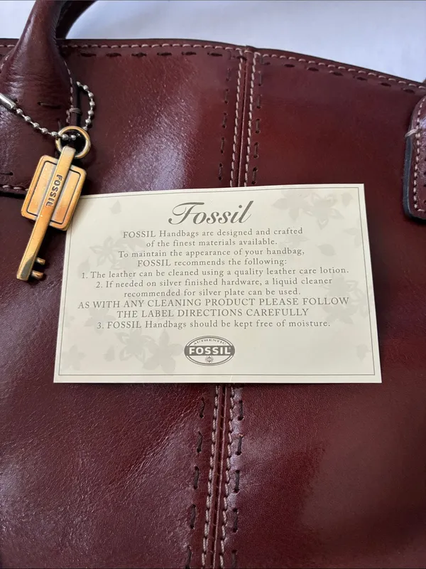 Fossil Classic Brown Leather Tote Bag with Gold Key Charm - Image 2
