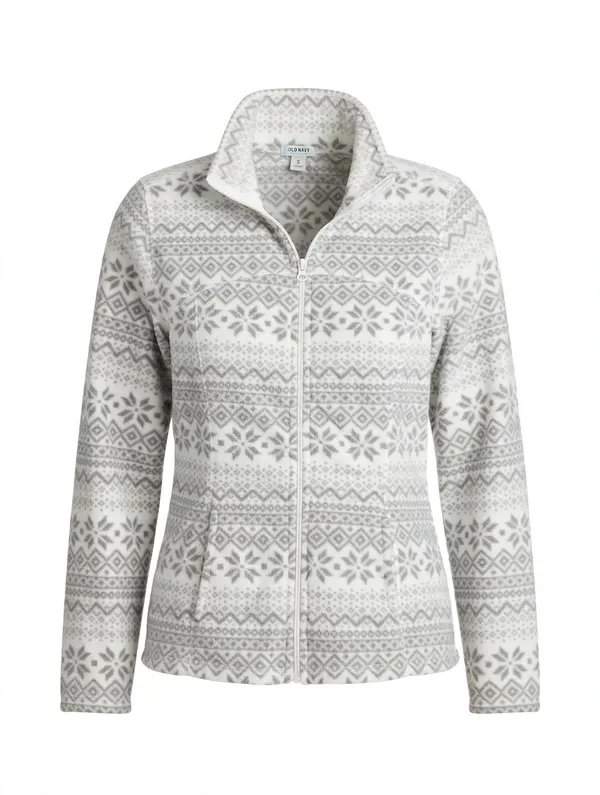 Old Navy Women's White & Gray Fair Isle Zip-Up Teddy Jacket - Image 2