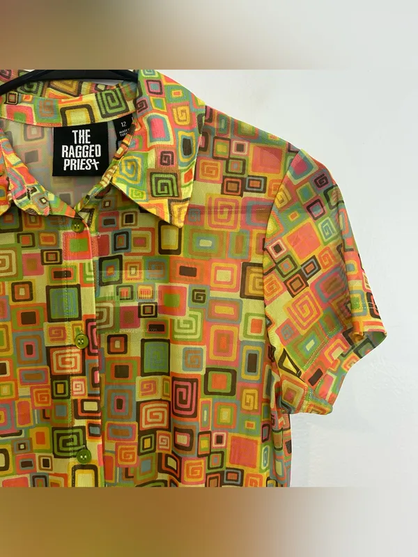 NWT Raggesd Priest Colorful Retro Square Button Down Mesh Shirt Mini Dress 12 - Image 7