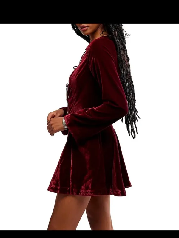 NWT free people Linney V-Neck Tie Front Long Sleeve Velvet Mini Dress - Image 4