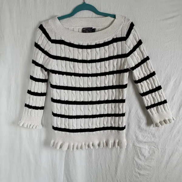 American Living White With‎ Black Stripes Sweater Women's Size Medium Ruffles - Image 8