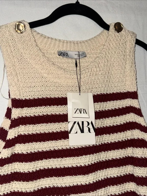 ZARA Cream and Burgundy Striped Knit Sleeveless Vest - Image 2