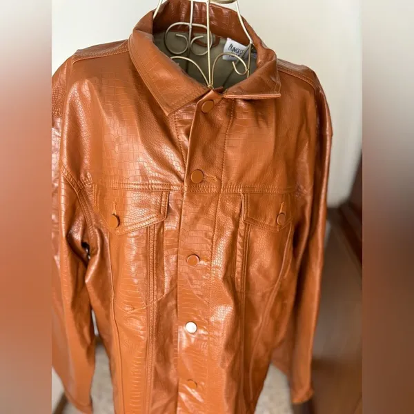 Princess Polly Croc Embossed Faux Leather Shirt Jacket Size L/XL Tan - Image 6