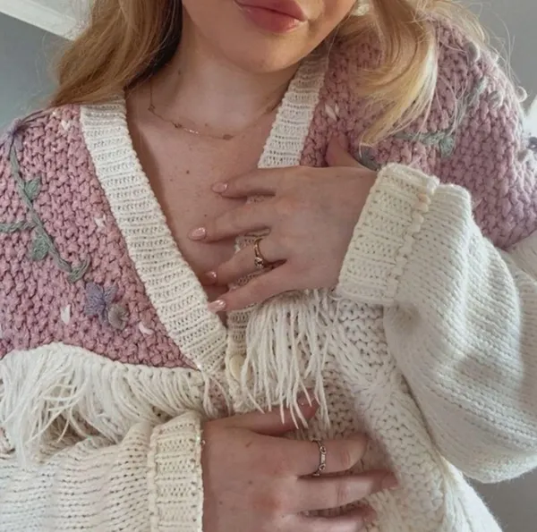Vintage Cream with Pink Purple Floral Knit Sweater Cardigan Fringe - Image 3