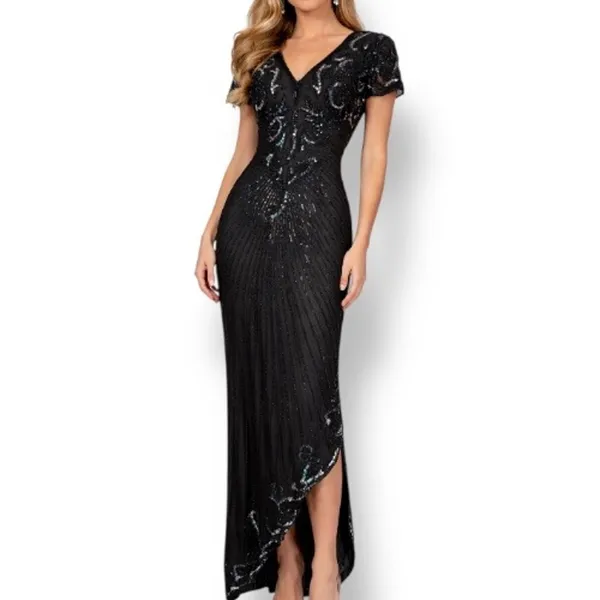 Vintage Black Beaded Sequin Evening Gown Maxi Dress Art Deco Formal Glam Elegant - Image 11