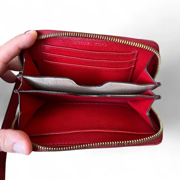 Michael Kors Red Ostrich Embossed Leather Zip Around Wristlet Wallet Pouch Small - Image 4