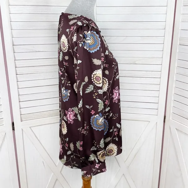 Vince Camuto Floral‎ Puff Sleeve Button Front Blouse Brown Pink Small Wildflower - Image 3