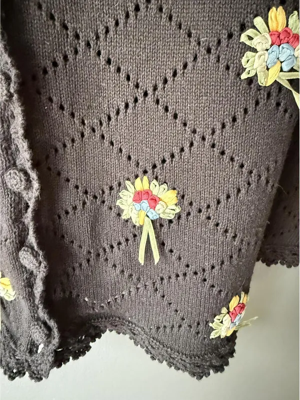Susan Bristol Petites Hand Embroidered Black Knit Cardigan Sweater Medium - Image 6