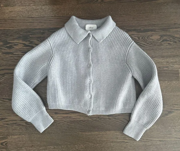 Wilfred grey knit chunky jumper collared button down sweater jacket  - Image 2