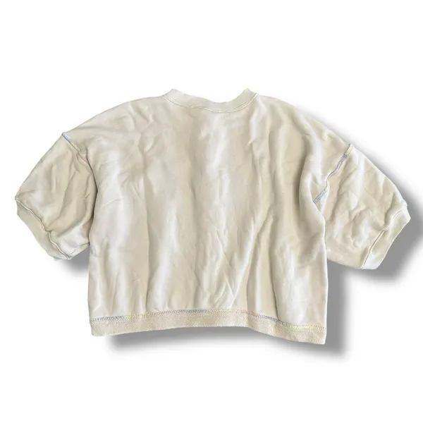 Free People Cream Cropped Boxy Cardigan L Rainbow‎ Stitch Oversized Top - Image 5