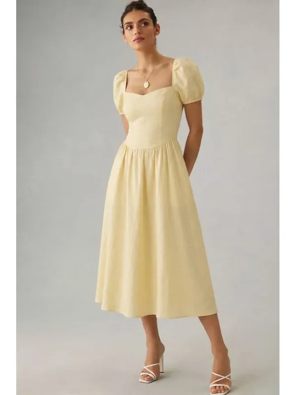 NWT Reformation Davila in Parmesan Yellow Linen Puff Sleeve Midi Dress 8 - Image 9