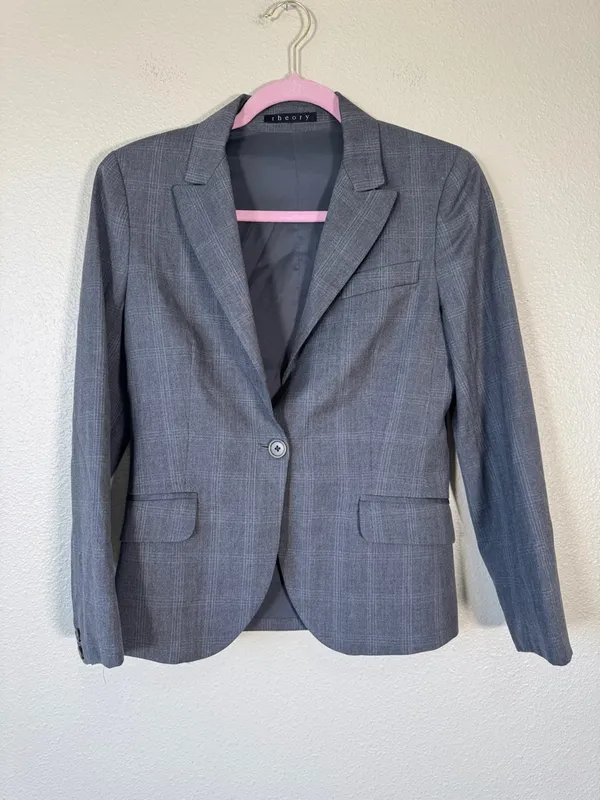 Theory Grey Plaid Fitted Blazer Jacket Womens M Preppy Corpcore Academia Work - Image 9