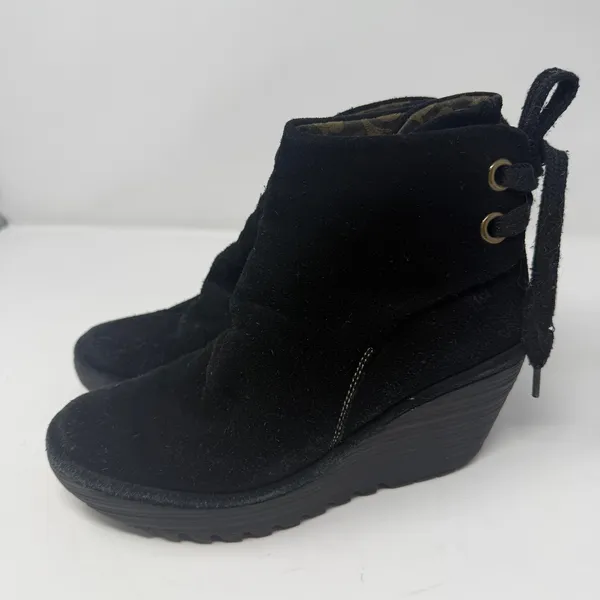 Fly London Suede Wedge Ankle Boots Black Lace Up Back Women Size 38 - Image 6