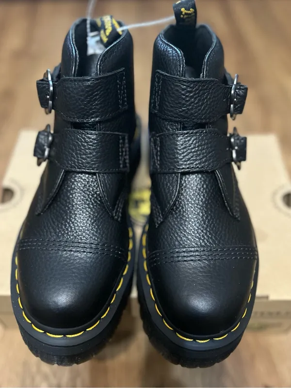 DR MARTENS Devon flower buckle black leather platform boots shoes women’s 9 new - Image 7