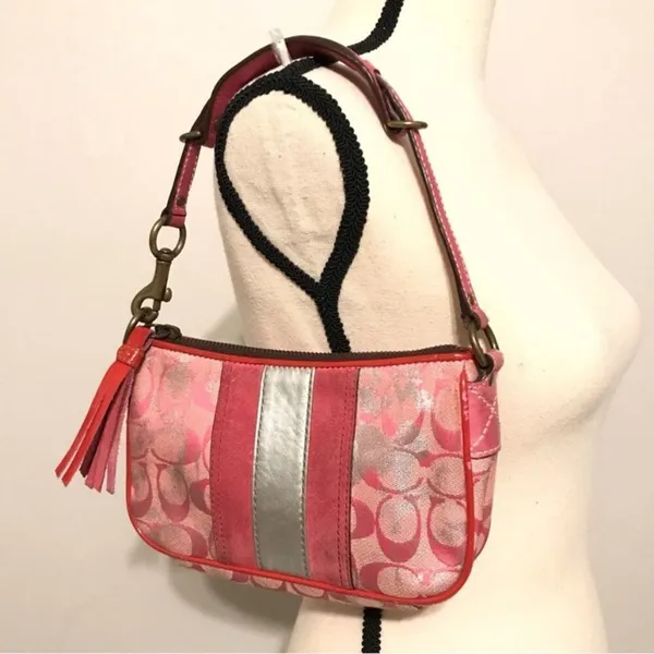 COACH Vintage Y2K Mini Monogram Suede/Leather Trim Canvas Shoulder Bag Hot Pink - Image 8